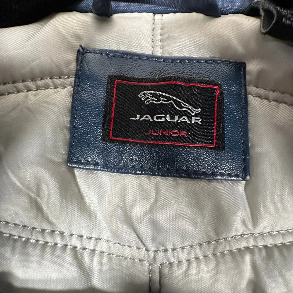 Jaguar Moto Jacket Kids Size 5/6 Navy Blue Racing Stripe Buckle Neck Cafe Racer
